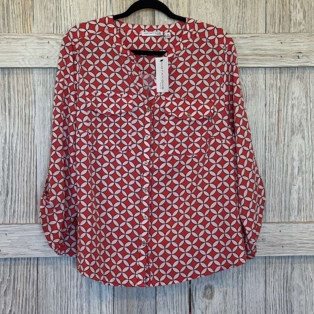 Notations Red and White Geometric Blouse NWT Sz 2X